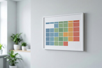 Modern framed wall art with colorful grid pattern on white wall in minimalist interior