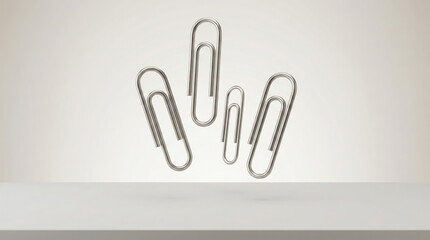 Obraz premium Floating silver paperclips 3D rendering on neutral background