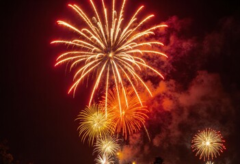 Vibrant fireworks display exploding in night sky with colorful bursts and illuminated clouds