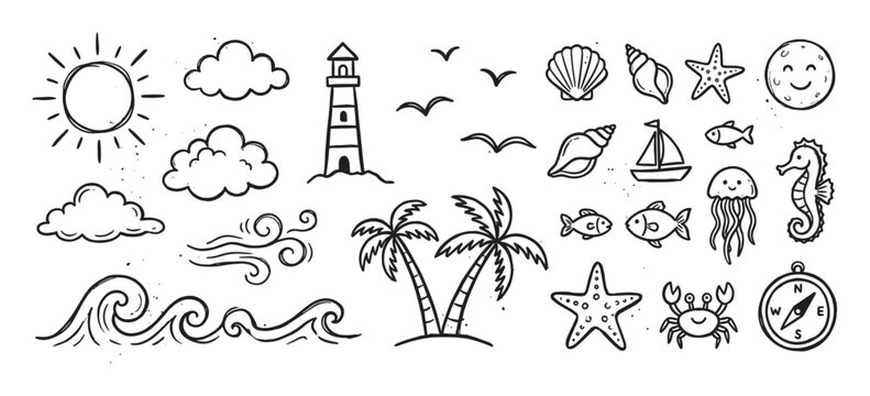 Hand-drawn doodle illustration set of summer beach and ocean elements including a sun, lighthouse, palm trees, sea animals, and waves in a cute black and white sketch style