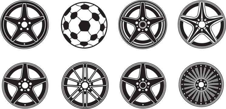 Automotive racing car wheel disc alloy icons set transportation equipment