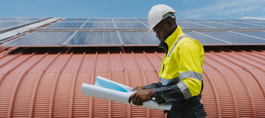 Engineers are checking the hot coil system of the rooftop air conditioner for green energy. Solar panels on the roof of the factory.(PHOTO)	