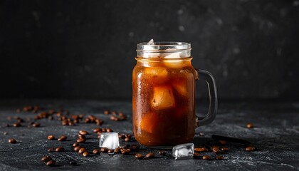 Iced coffee in a mason jar with ice cubes and coffee beans on a dark surface
