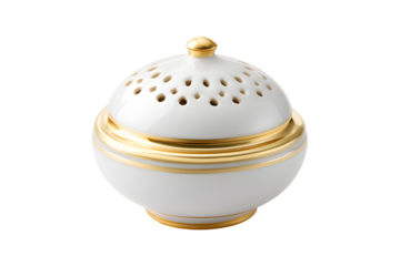 White and gold bakhoor incense burner for Ramadan home fragrance, isolated on transparent background