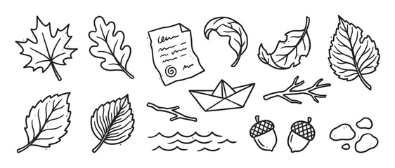Obraz premium Collection of hand-drawn autumn doodles featuring various leaves, acorns, a paper boat, and a letter in a charming black and white line art style for a cozy seasonal concept