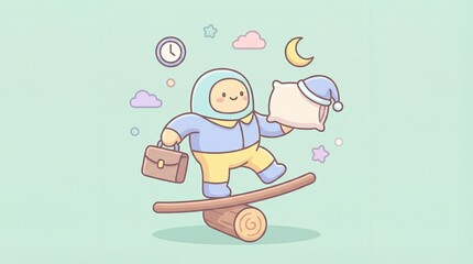 Cartoon Character Balancing on a Log at Night