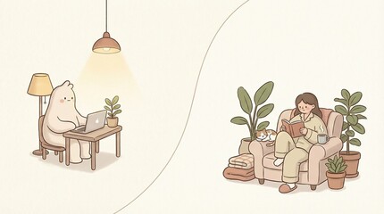 Cozy Cartoon Scene with Person and Bear at Home