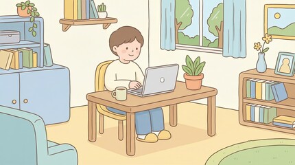 Cozy Cartoon Workspace with Focused Individual