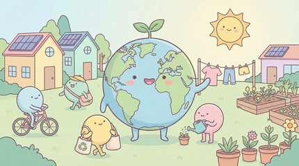 Cheerful Cartoon Representation of Earth and Community