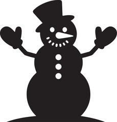 Black and white silhouette of a smiling snowman with hat and mittens