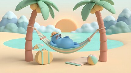 Relaxing Cartoon Character at Tropical Beach Scene