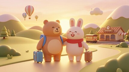 Friendly Bear and Bunny in Colorful Cartoon Landscape