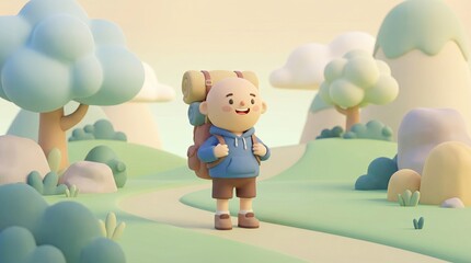 Cheerful Cartoon Character in a Scenic 3D Landscape