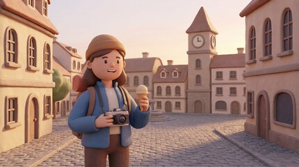 Cheerful Cartoon Character with Ice Cream in 3D Scene