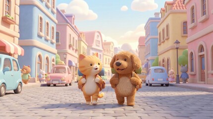Cute Cartoon Friends in Colorful Town Setting