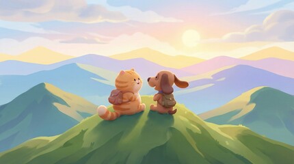 Cartoon Animals Enjoying a Scenic Mountain View