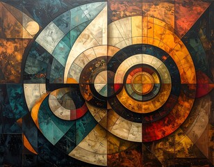 Abstract artwork features geometric shapes, circles, and earthy tones