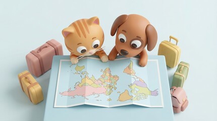 Cute Cartoon Animals Exploring a Map Adventure