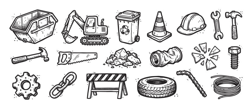 Hand-drawn black and white icon collection of construction, demolition, and industrial objects like an excavator, tools, and rubble in a doodle sketch style