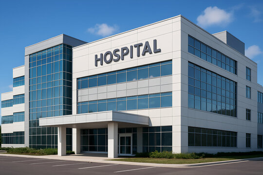 Modern hospital exterior with large glass windows and a white fa&ccedil;ade. The word "Hospital" is prominently displayed. The scene is well-lit, evoking a sense of professionalism and care.
