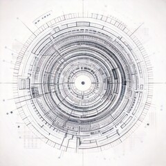 Abstract circular technology blueprint with intricate geometric patterns and lines.
