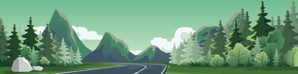 Scenic vector landscape with a winding asphalt road through a green pine forest towards mountains. Flat nature background illustration suitable for travel adventure and outdoor banners.