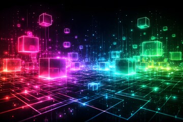 Vibrant neon cubes and glowing grid creating an abstract digital network or data landscape