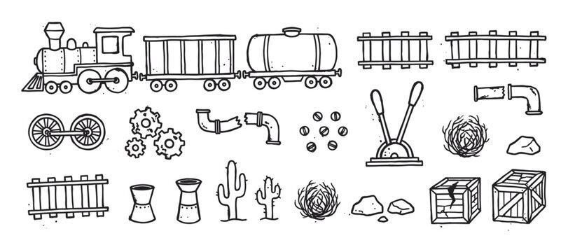 Hand-drawn wild west railroad doodle set with a steam locomotive, tracks, crates, cactus, and other vintage industrial icons for a western adventure theme