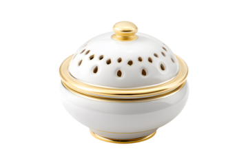 White and gold bakhoor incense burner for Ramadan home fragrance, isolated on transparent background