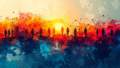 Abstract Crowd Silhouette with Sunset and Network Connection Illustration.