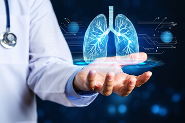 Doctor holding holographic human lungs with digital interface hand