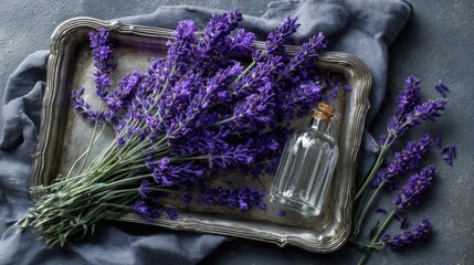 Tray with purple flowers and a bottle of lavender oil. The tray is on a grey surface