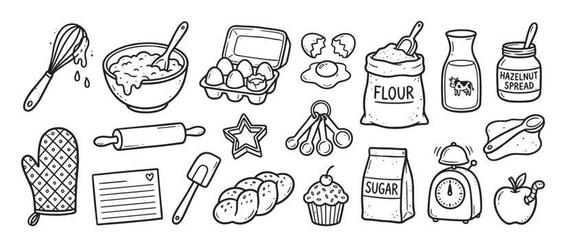 Set of hand-drawn baking illustrations featuring essential kitchen tools and ingredients like flour, sugar, eggs, a whisk, a rolling pin, and an oven mitt in a cute doodle style