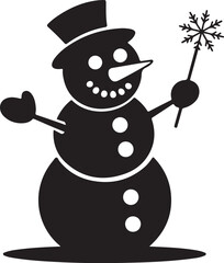 Black and white snowman with hat and snowflake silhouette
