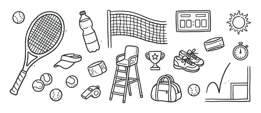 Set of hand-drawn tennis sport icons including a racket, ball, net, trophy, and other game equipment in a simple black and white doodle style illustration