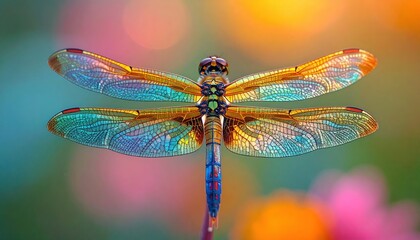 Vibrant Dragonfly with Iridescent Wings in Flight.