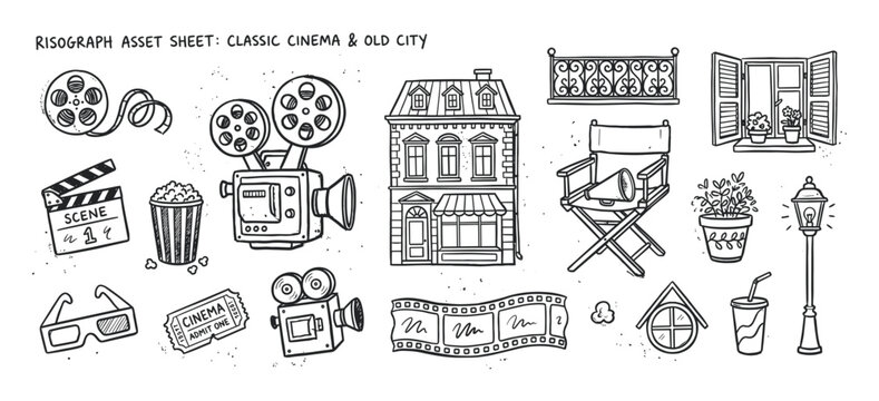 Hand-drawn black and white cinema and city illustration set with a vintage movie camera, film reel, clapperboard, and an old building in a retro doodle sketch style