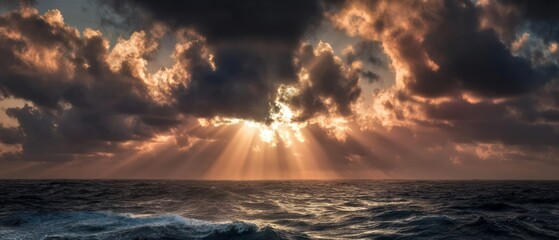 Sunset Over Ocean with Dramatic Clouds and Rays