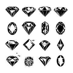 Vector set of black and white diamond and gemstone cut shapes. Collection of brilliant jewelry gem icons, isolated for design projects.
