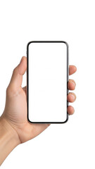 Hand holding smartphone isolated on transparent background