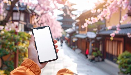 京都観光を撮影する外国人とスマホモックアップ