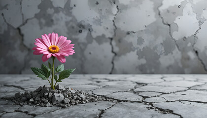 Small Flower Growing from Cracked Concrete Representing Hope and Strength