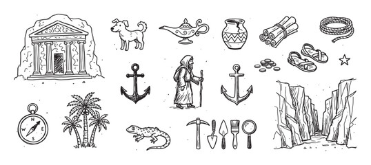 Obraz premium Hand-drawn set of archaeology and adventure icons including an ancient temple, compass, traveler, and exploration tools in a black and white doodle style illustration