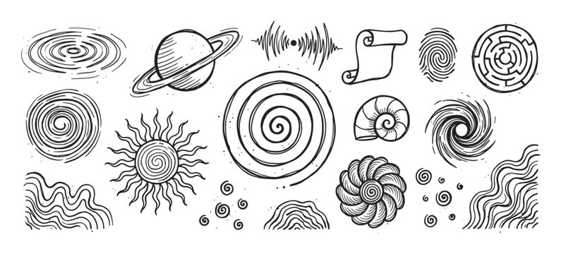 Hand-drawn collection of black and white spiral icons including a planet, sun, fingerprint, maze, vortex, and seashell in a vintage sketch style with intricate line art details