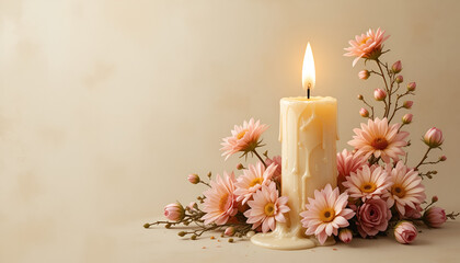 Lit Candle Surrounded by Flowers Creating Calm and Peaceful Atmosphere