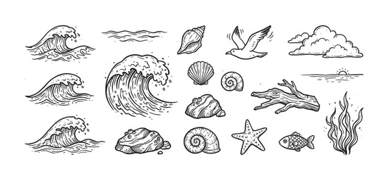 Obraz premium Set of hand-drawn ocean life illustrations in a vintage sketch style, featuring various sea elements like waves, shells, a seagull, fish, driftwood, and seaweed
