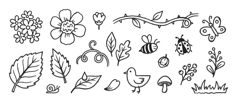 Collection of charming hand-drawn spring nature doodles in a simple black line art style featuring flowers, leaves, insects, a bird, snail, and mushroom