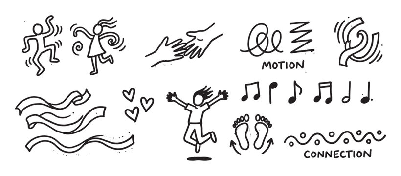 Collection of hand-drawn black doodle icons representing motion, connection, music, and love in a minimalist, energetic sketch style with dancing figures and symbolic elements