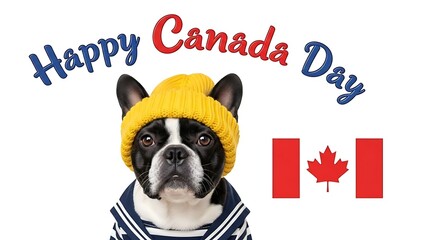 Adorable boston terrier dog wearing a knitted hat celebrating happy canada day with national flag