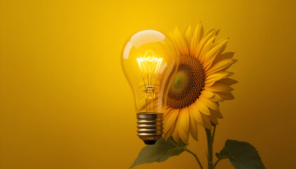 Glowing Light Bulb with Sunflower Representing Creative Energy